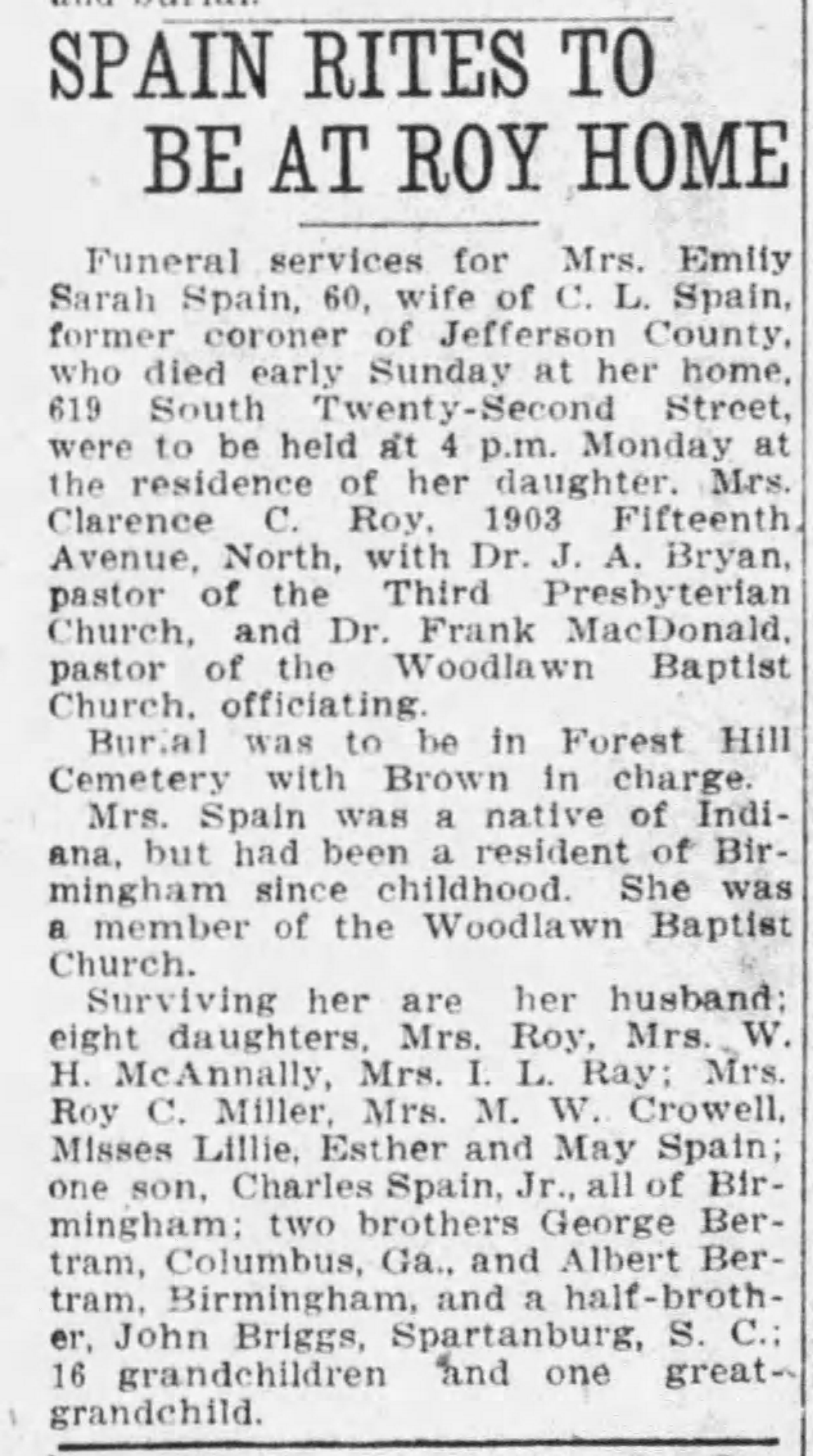 Emily Sarah Spain obituary